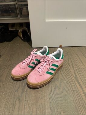 adidas Pink Suede Sneakers with Green Stripes gazelles